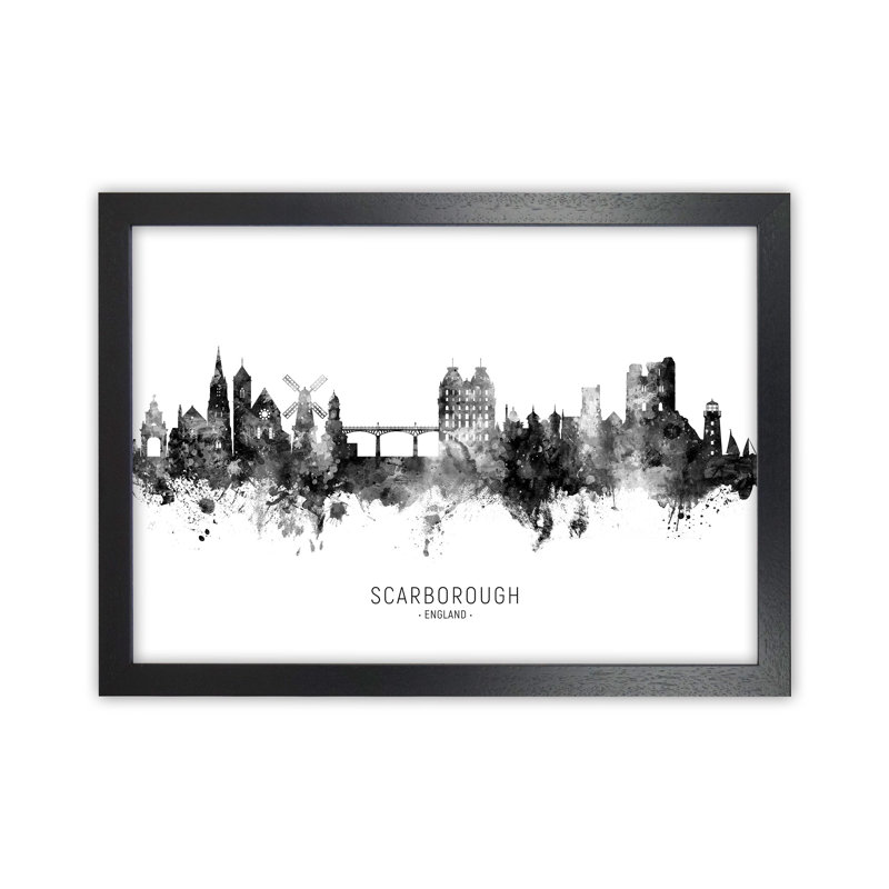Aabidah Scarborough England Skyline Black White City Name by Michael Tompsett - Print, 46cm H x 63cm W x 3cm D, Black Framed