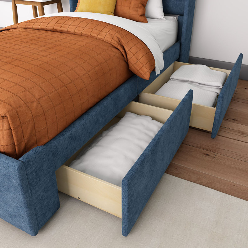Solid Wood Upholstered Bed with Rectangular Headboard with 2 Drawer Side Storage, Blue, Twin
