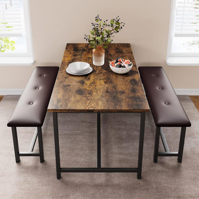 Dining Table Set for 4 with 2 Upholstered Benches, 3 Piece Kitchen Rectangular Dining Room Table Space-Saving for Small Space, Apartment, Restaurant