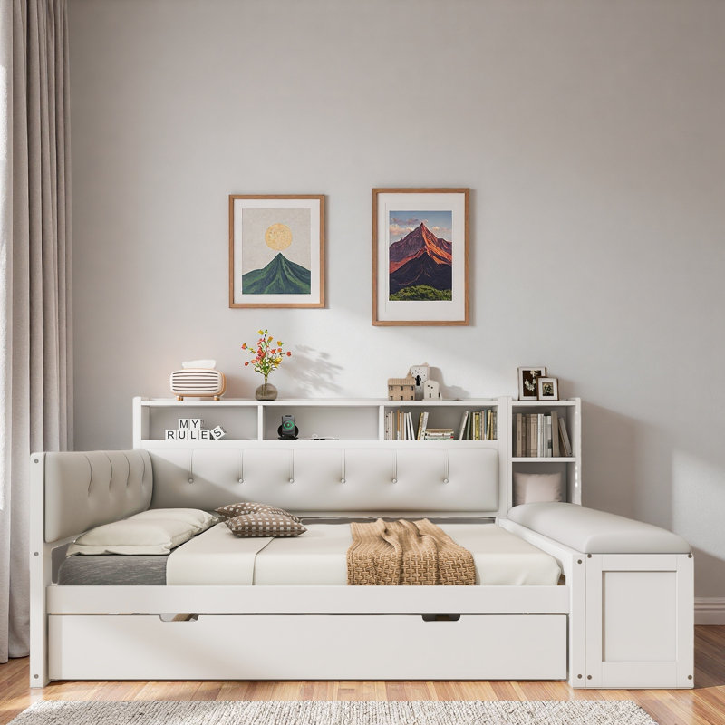 Lit de jour confortable avec lit gigogne, tablettes de rangement, banc, station de charge et tête de lit tapissier, White