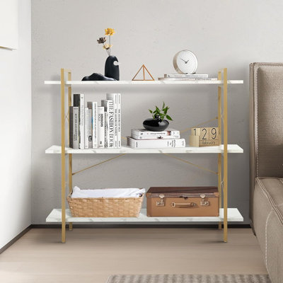 Bibliothèque à 3 niveaux, bibliothèque ouverte moderne à 3 tablettes, petites étagères pour la chambre à coucher, étagères de rangement en bois et en métal, pour le bureau personnel, le salon, la cuisine, blanc et or