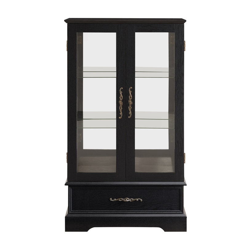 Vitrine vitrée éclairée avec tablettes réglables en verre 2 portes et 1 tiroir, Noir