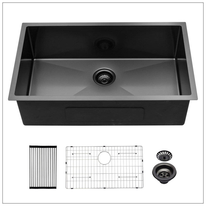 Évier de cuisine encastrable 32 po - 32 po x 19 po x 10 po - Évier de cuisine noir encastrable noir de calibre 16 - Évier de cuisine à simple cuve 10 pouces de profondeur