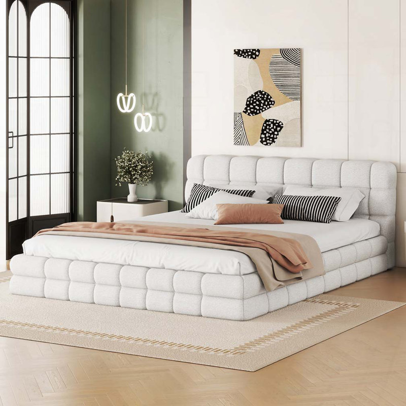Lit plateforme en tissu d'ameublement, Blanc