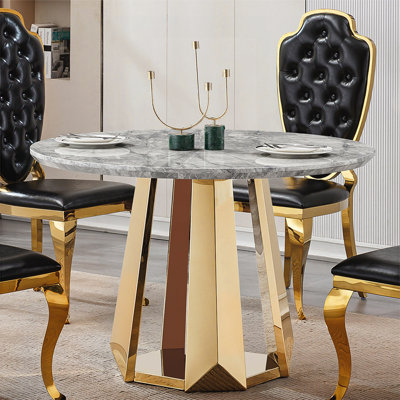 Table de salle à manger ronde en marbre de 47 po, table de cuisine moderne avec plateau en faux marbre ultrabrillant et base en acier inoxydable pour la salle à manger, cuisine (table seulement)