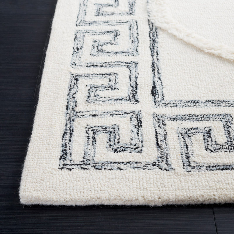 Tapis noir / ivoire en laine / coton touffeté à la main Dajanai, Tapis de couloir 2 pi 3 po x 8 pi