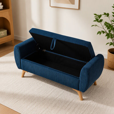 Banc de lit/entrée bleu, 145 cm, revêtement en velours côtelé, design moderne, pattes en bois, avec rangement intégré.