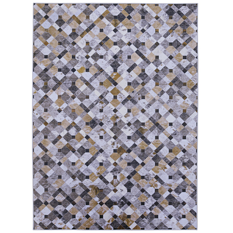Jahmaal Patchwork Faux Cowhide Brown Printed Area Rug, Rectangle 6'7" x 9'7"