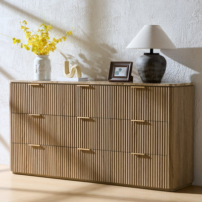  63" W Fluted 9-drawer Dresser, 1.97"-Thick Panels Wood Chest  with Faux Marble Top and Sturdy Base, Oak