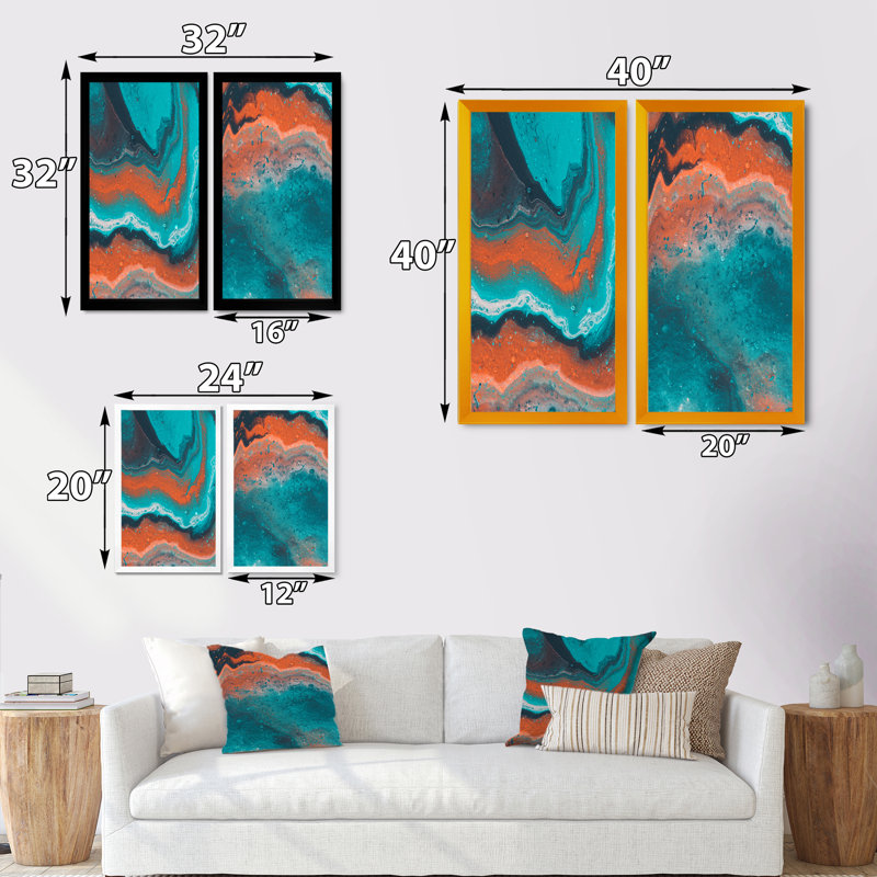 "Orange and Turquoise Marble Art", ensemble de 2 photographies sur toile, H 40 po x l 40 po x P 1 po, Cadre photo noir