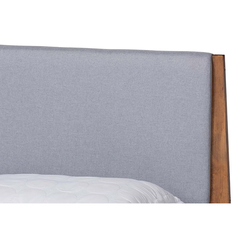Lit plateforme tapissier Romanowski, Gris clair / noyer, Double