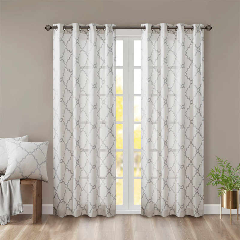 Fretwork Print Grommet Top Window Curtain Panel(Only 1 Pc Panel), Gray, 50" W x 108" L