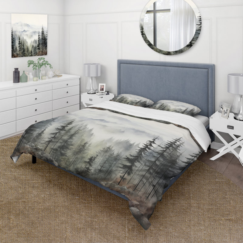 Pine Tree Misty Mountain II - Floral Duvet Cover Set, King Duvet Cover + 2 King Shams