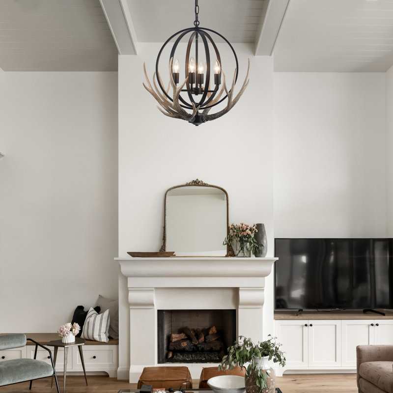 4 - Light 20.4'' Dimmable Rustic Farmhouse Chandelier With Resin 4 - Antlers And Retro Metal Globe Shade, Distressed Black