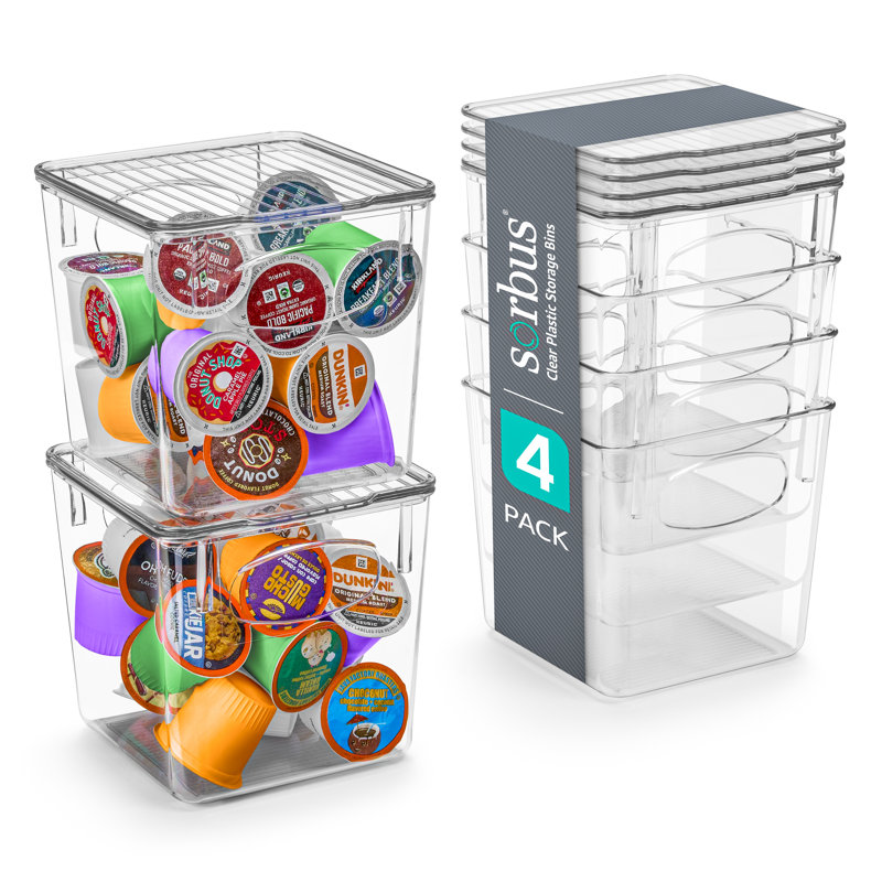 Sorbus 4 Pack Small Clear Plastic Pantry Storage Bins with Lids and Handles