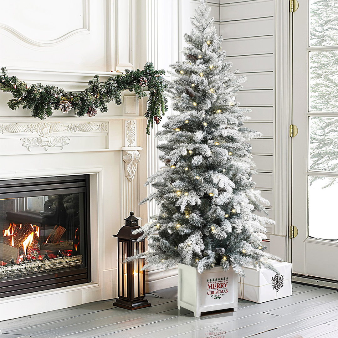 5Ft Pre-Lit Snow Flocked Full Pine Potted Artificial Christmas Tree Red Barrel Studio®