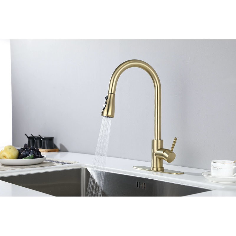 Brushed Gold Pull Out Spray Kitchen Faucet, Stainless Steel Manufacturing, 360 Rotating Nozzle, Corrosion & Rust Quality