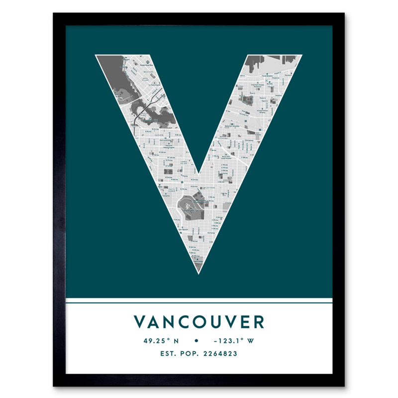 Vancouver City Map Vancouver Teal by Wee Blue Coo - Single Picture Frame Typography