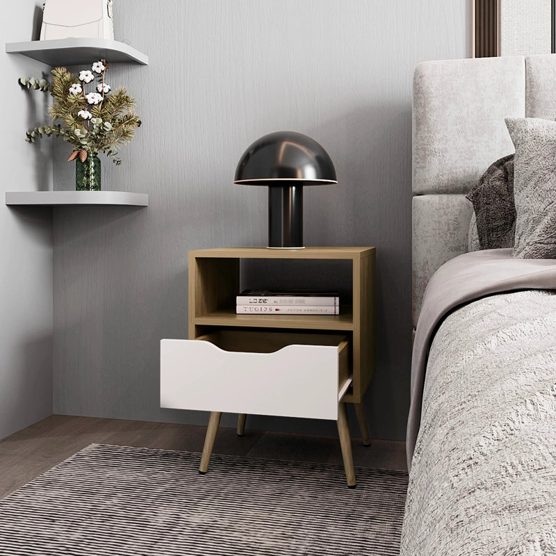 Table de chevet de style scandinave avec tiroir et rangement ouvert, profondeur de 13,8 pouces, espace coulissant pour les articles essentiels, paquet de 26 lb