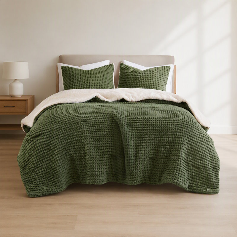 Ensemble d'édredon 2 pièces chenille tricoté gaufré 2 pièces, olive