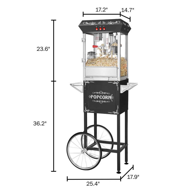 Vintage Black Popcorn Machine with Cart and Stainless Steel Kettle