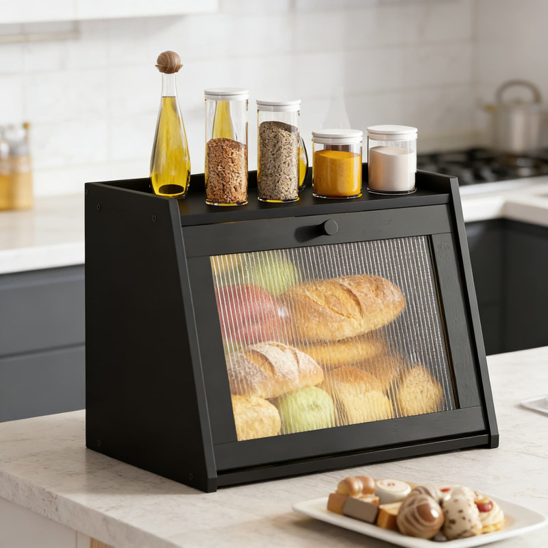 Bamboo Bread Box With Acrylic Door For Kitchen Countertop, Large Capacity Bread Storage Container For Easy Access And Cleaning