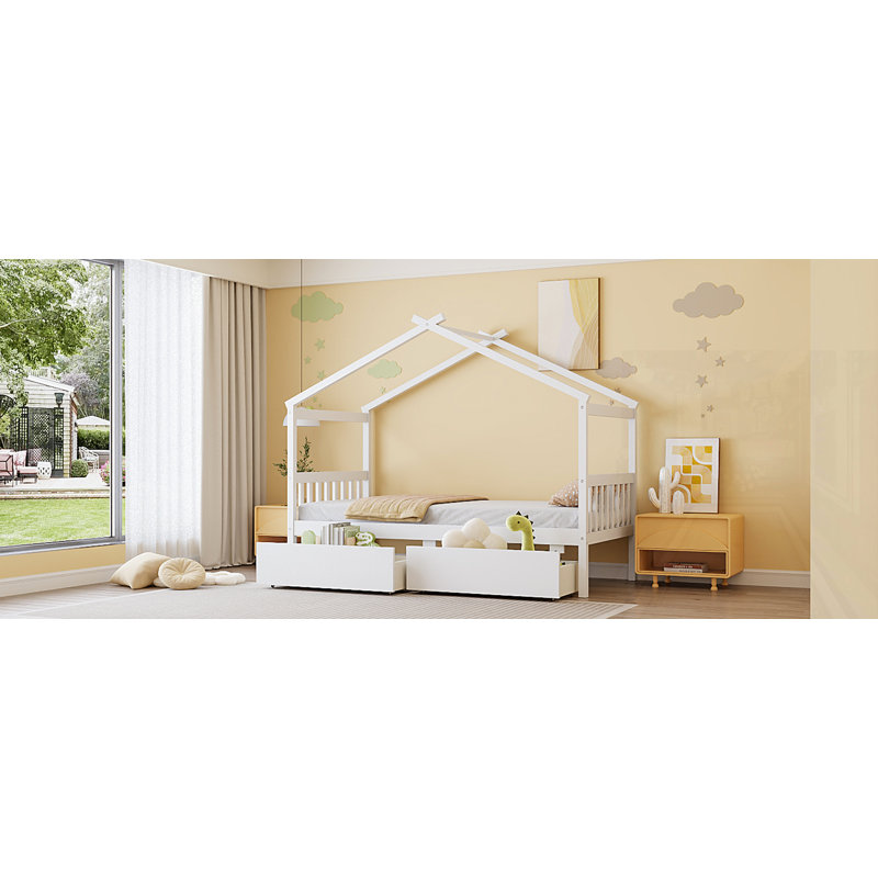 Wooden House Bed With Drawers, Twin, White
