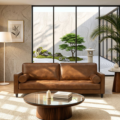 74" Mid-Century Modern Faux Leather 3-Seater Sofa with Tufted Cushion & Solid Wood Legs