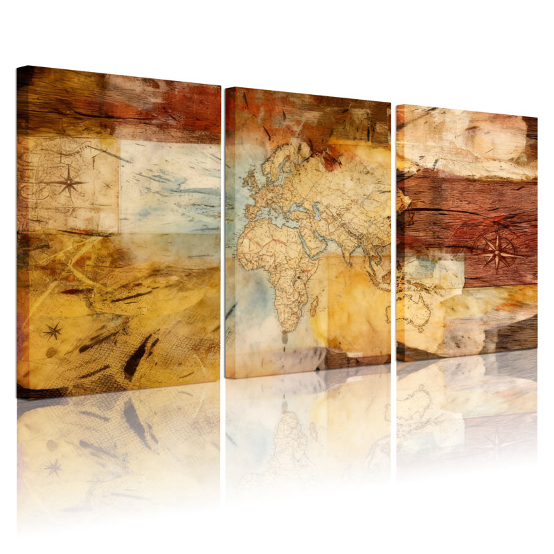 Ensemble de 3 tableaux muraux vintage sur toile représentant une carte du monde, H 18 po x l 36 po