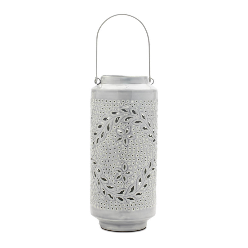 Punched Metal Candle Lantern 15.5"H, Gray
