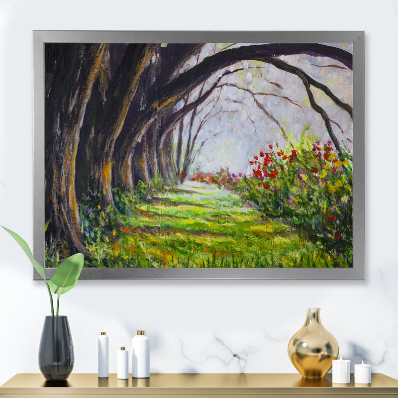 Vue originale de l'huile d'une grande rangée d'arbres Chamchuri - peinture sur toile, H 16 po x l 32 po, Cadre photo argenté