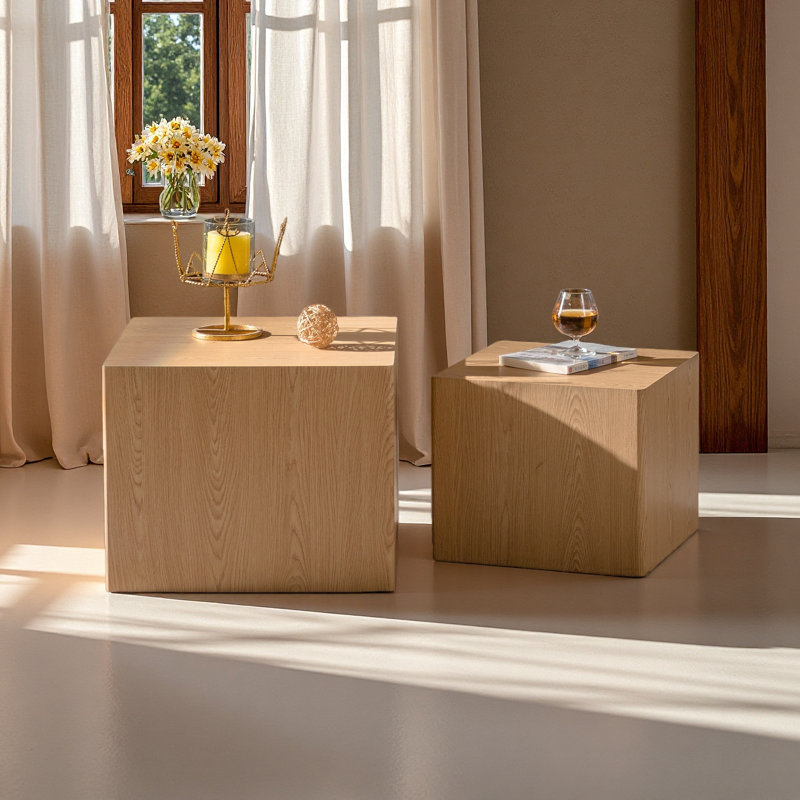 MDF Modern Nesting Imitation Wood Grain Coffee Table,Cube Side Table,Set For Small Space Living Room Bedroom-Set Of 2