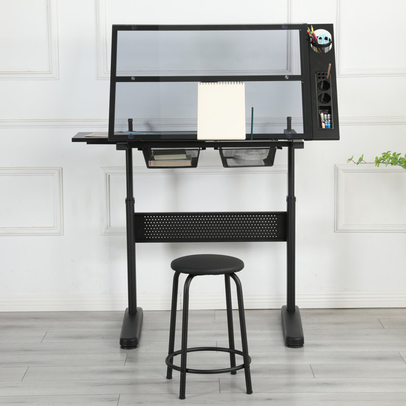Hand Crank Adjustable Drafting Table Drawing Desk With 2 Metal Drawers WITH STOOL