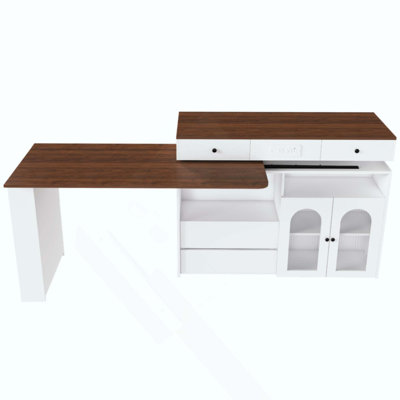 Kitchen Island With Extendable & Rotating Table, MDF With Walnut Veneer Retro Design, 4 Drawers & Glass Door Cabinets With Built-In Socket, Expandable Dining Station For 2-4 Person