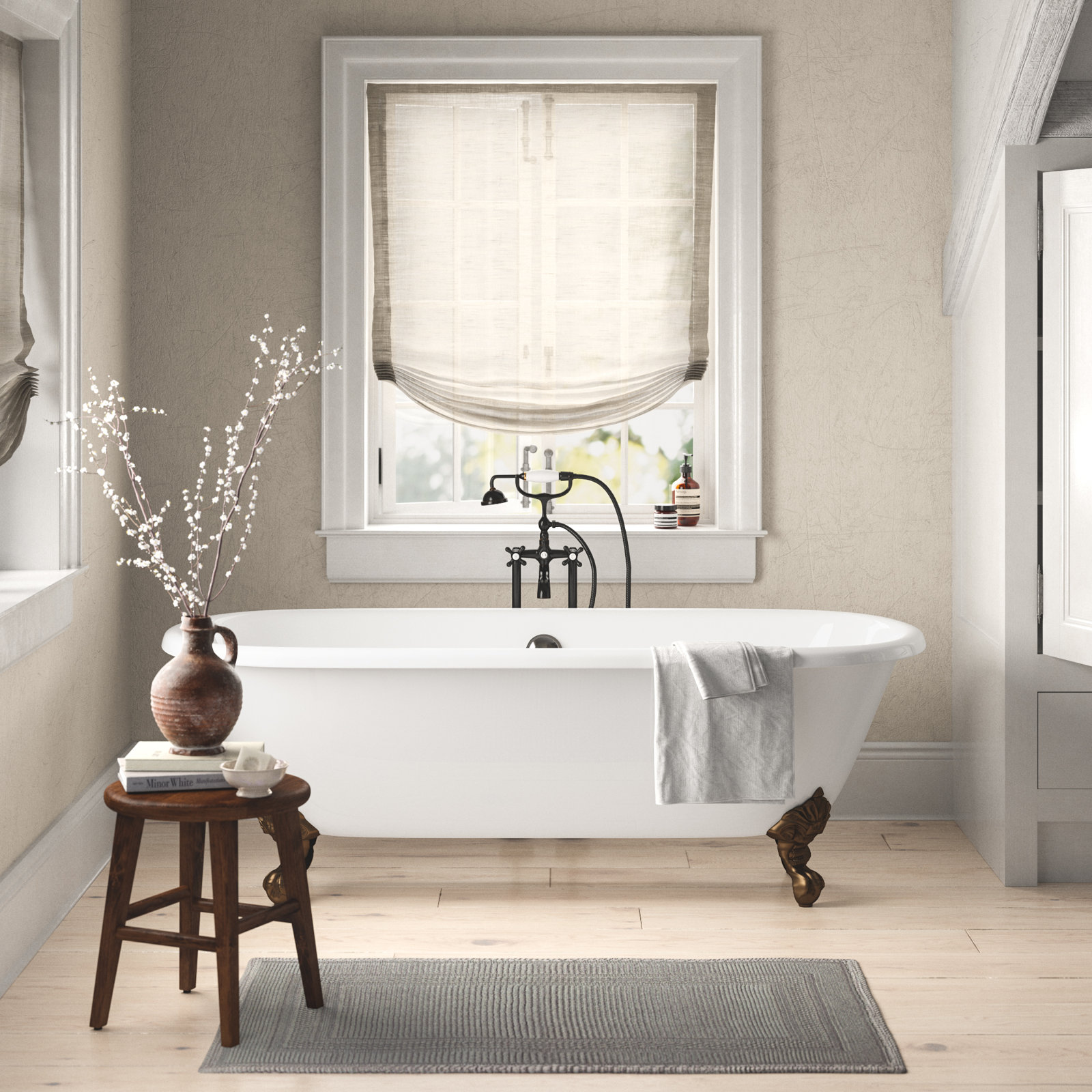 Kristin 70'' Soaking Cast Iron Bathtub, White, Continuous Rolled Rim - No Faucet Holes, Antique Bronze Feet