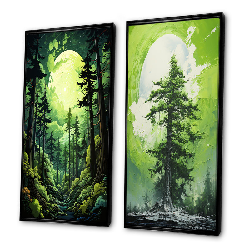 «Neon Green Redwood Trees Forest», ensemble de 2 reproductions d'art sur toile, H 28 po x l 25 po, Cadre flottant noir