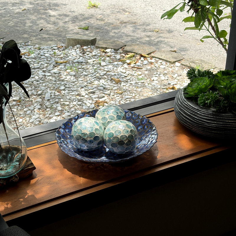 Ensemble de 3 orbes coquillages Capiz bleu de bord de mer pour la décoration de table et de tablettes, Bleu