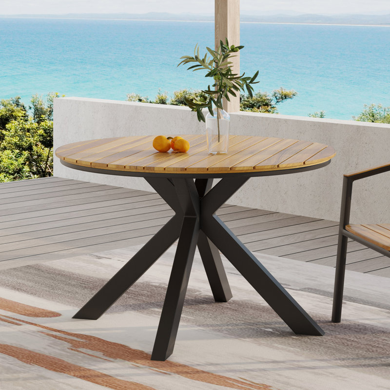 Table de salle à manger d'extérieur, plateau en teck et pieds en métal noir
