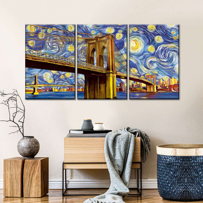Pont de Brooklyn, nuit étoilée sur toile, ensemble de 3 pièces, H 27 po x l 56 po x P 1,25 po