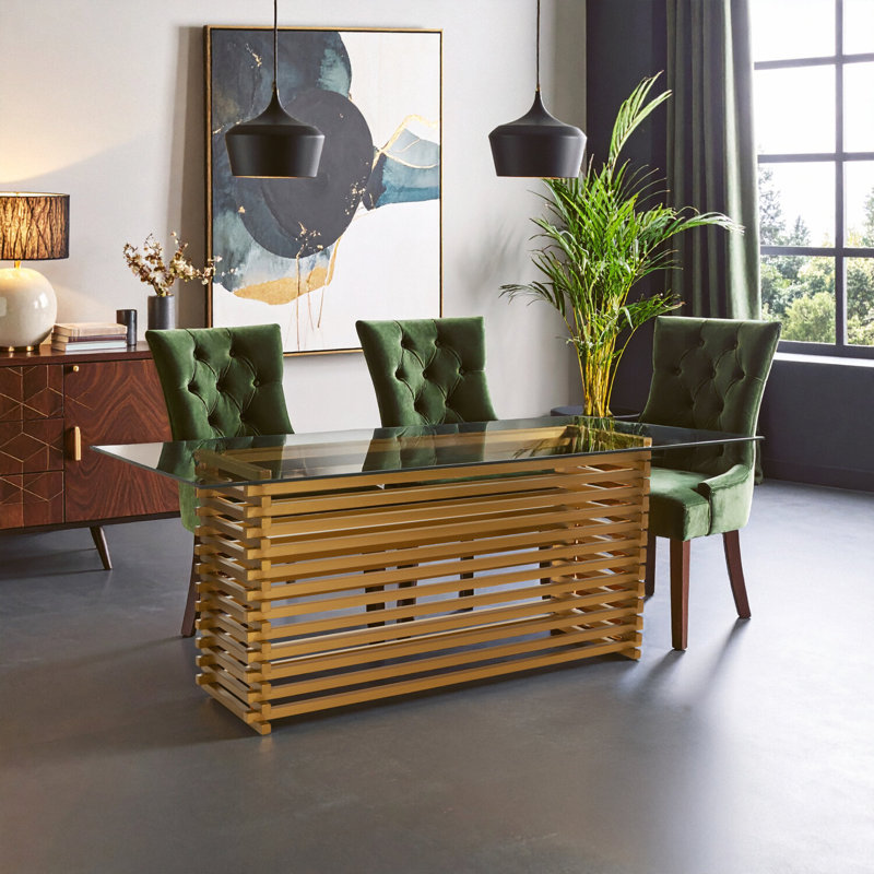 Glass Top Metal Base Dining Table, Gold