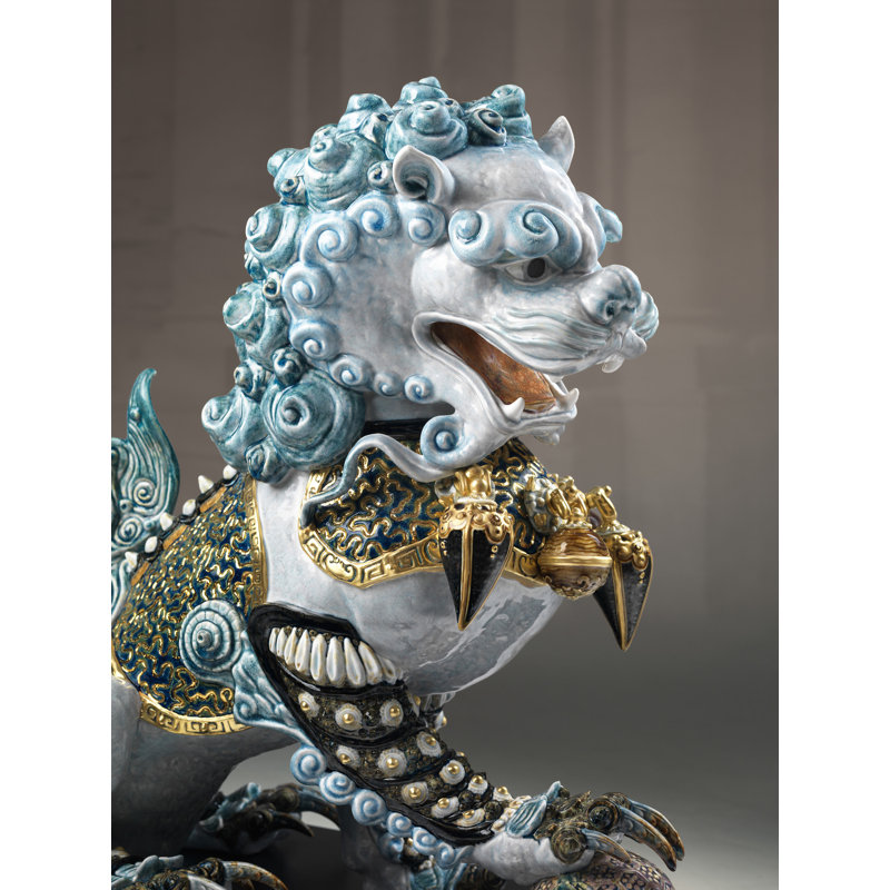 Guardian Lion Sculpture, White/Blue/Gold