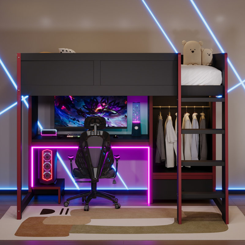 Loft Bed Of Gaming Design With Desk, Wardrobe, Led And A Drawer, Twin