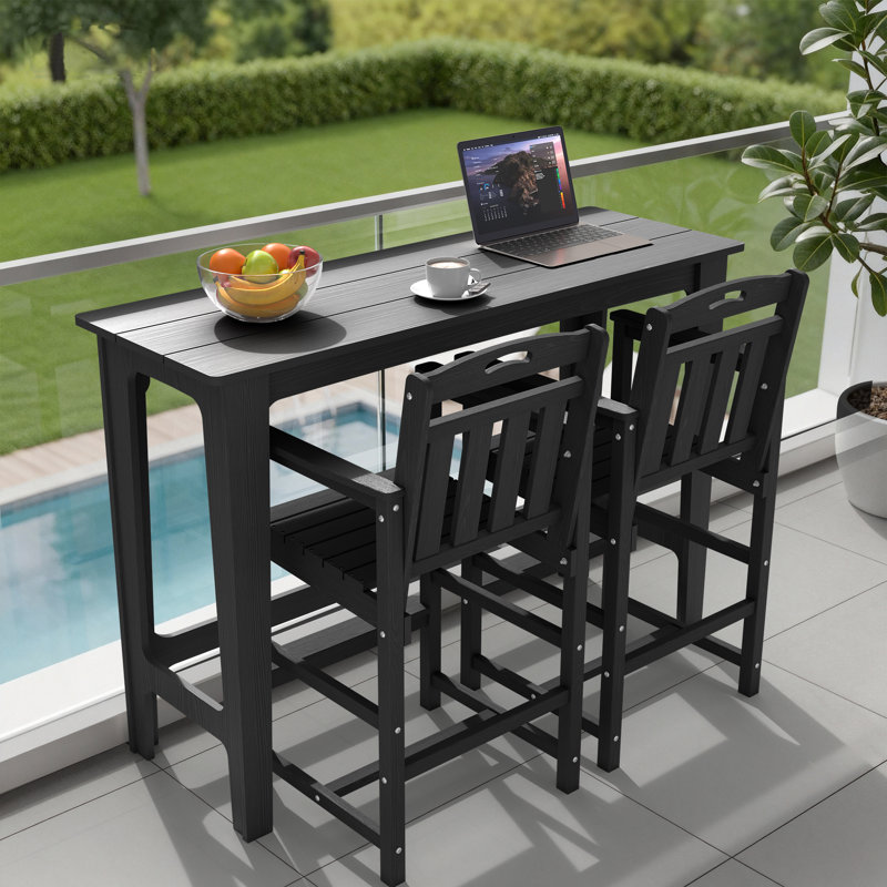 3 Pieces Outdoor Patio Bars Set  with Rectangular Table and HDPE Chairs, Black