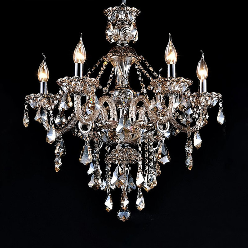 Amber Color Candle Style 6 Lights Crystal Chandelier Pendant Light Fixture