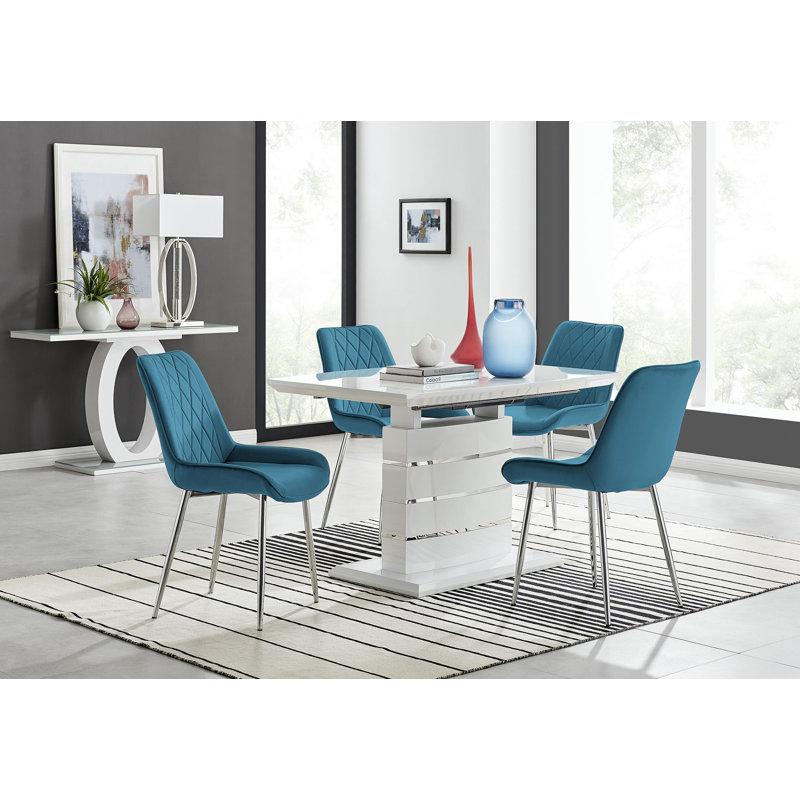 Everson High Gloss 6 Seat Extendable Dining Set with Luxury Velvet Upholstered Dining Chairs, Blue/Silver