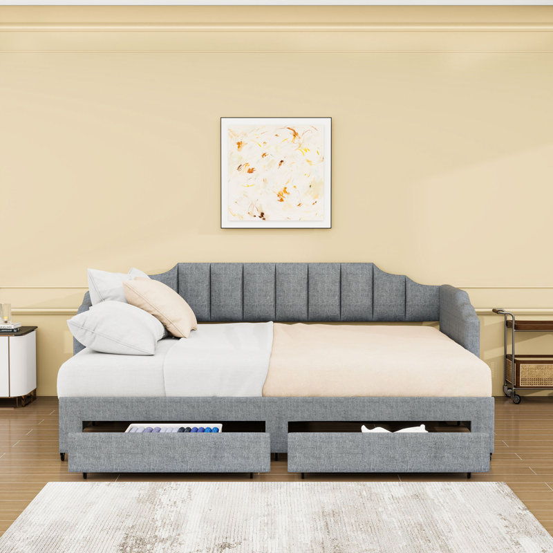 Twin XL Upholstered Daybed with Extendable Trundle, Built-In LED Lighting and Storage Drawers, Gray