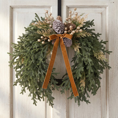21.65" Artificial Norfolk Pine Christmas Wreath with Pine Cones, Gold Berries & Velvet Bow for Front Door, Farmhouse Rustic Faux Greenery Winter Wreath for Front Door & Mantel Holiday Xmas Decor
