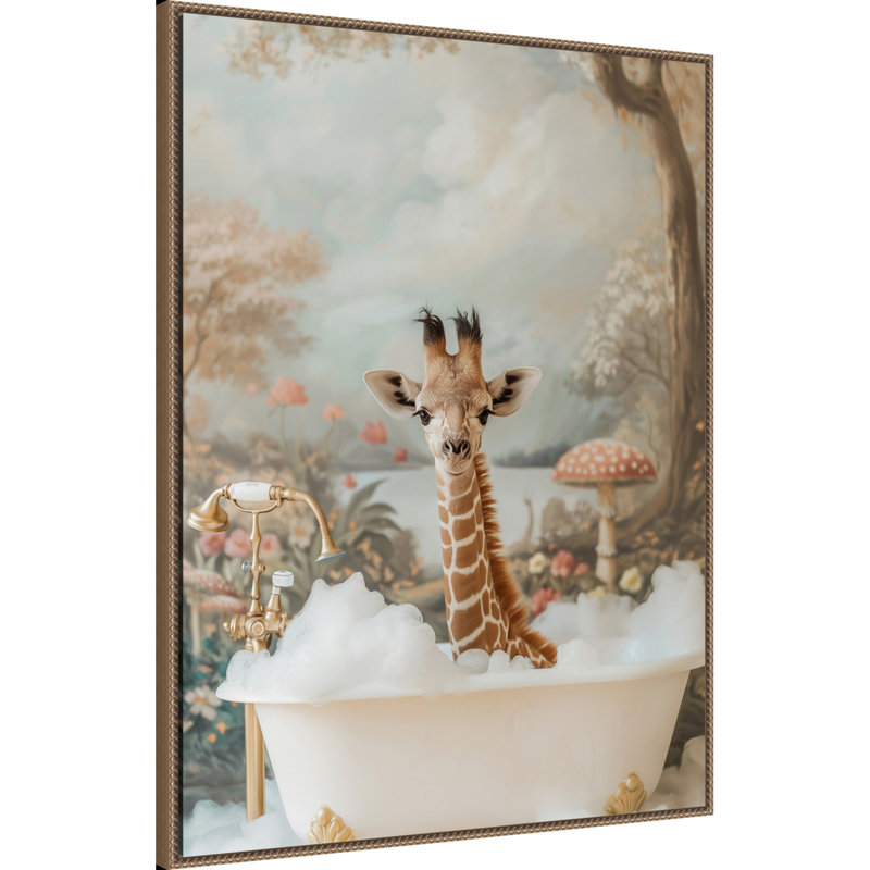 «Whimsical Giraffe Soak» par Hostetter, reproduction d'art sur toile encadrée, H 42 po x l 32 po