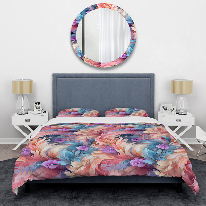 Ensemble de housse de couette à motif floral rose à plumes roses, Housse de couette simple + 1 taie décorative stan