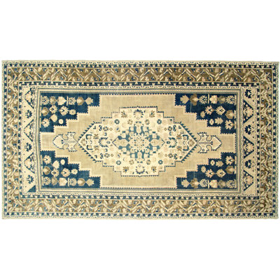 Tapis beige / bleu marine en laine noué à la main de conception unique des années 1960 de taille 8 pi x 10 pi 7 pi 6 po x 13 pi 5 po